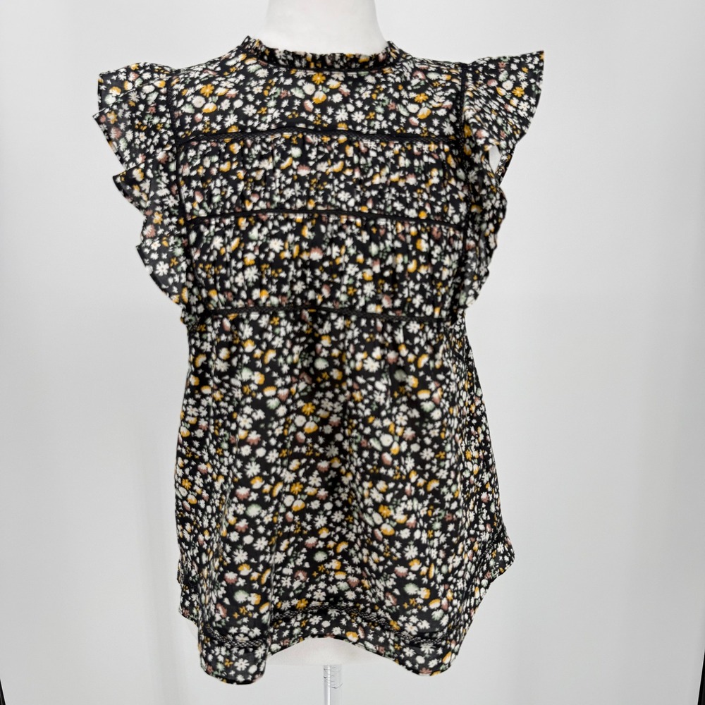 Rails Filomena Lace Inset Top Black Floral Flutter Cap Sleeve